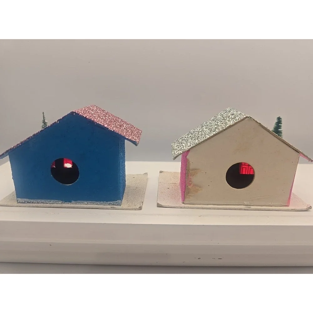 2 Vintage Christmas Putz‎ Houses Church Bottle Brush Tree Blue And Pink
